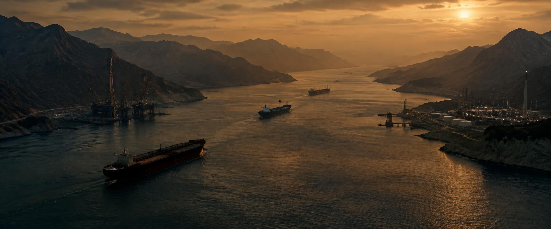 Oil tankers moving through a mountain strait at dusk